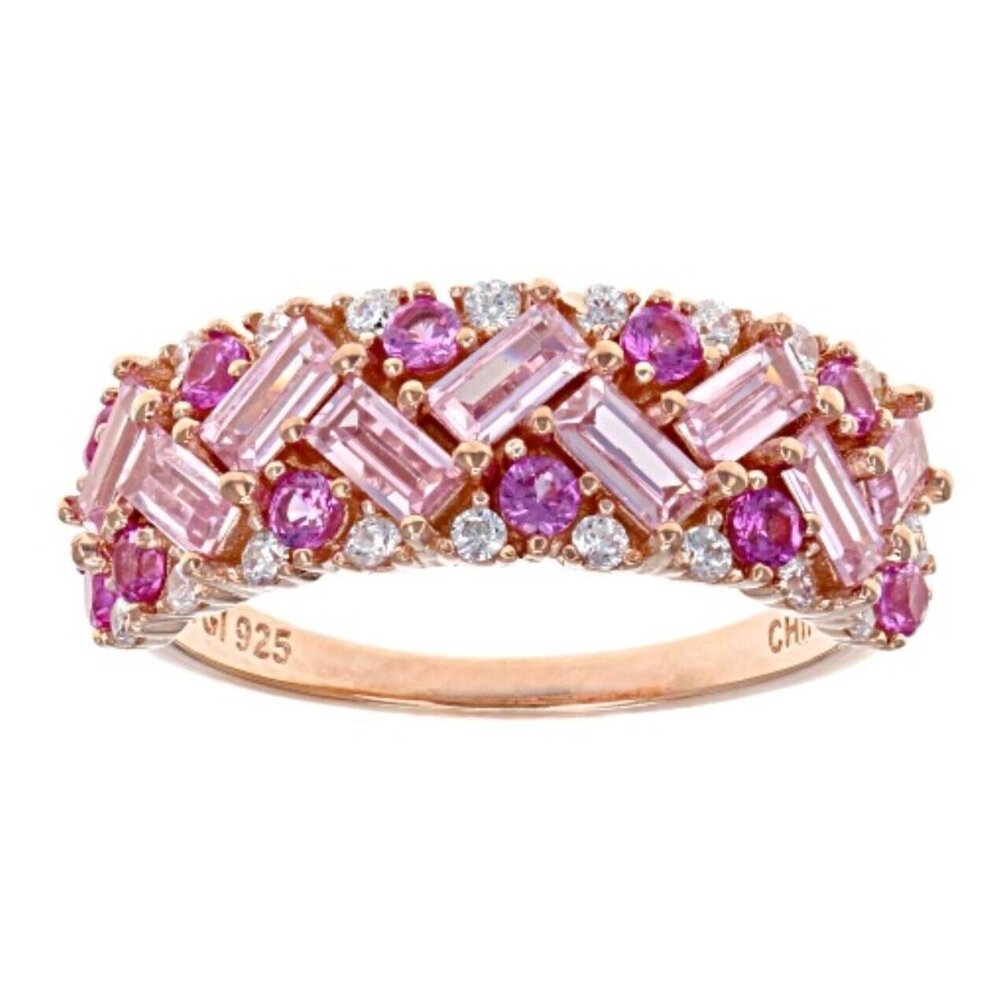 NEW Sapphire, Pink, + White CZ 18K Rose Gold on 925 Sterling Silver Size 7 Ring
